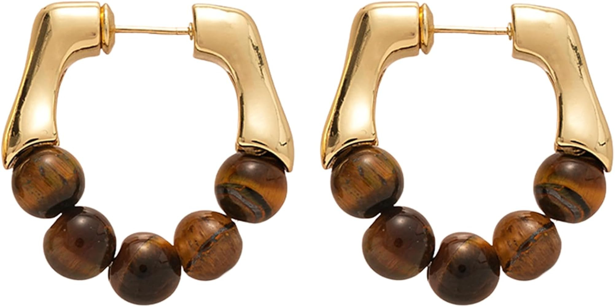 Gold-tone Tiger Eye Earrings for Women: Brown Natural Stone Twist Dangle Hoop Earrings Hypoallerg... | Amazon (US)