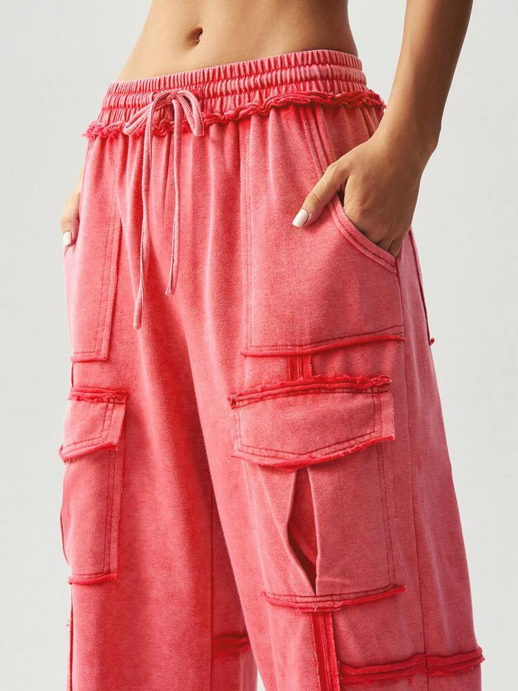 Bohemela 1pc Women's Vacation Casual Solid Color Knitted 3D Pocket Wide Leg Pants | SHEIN