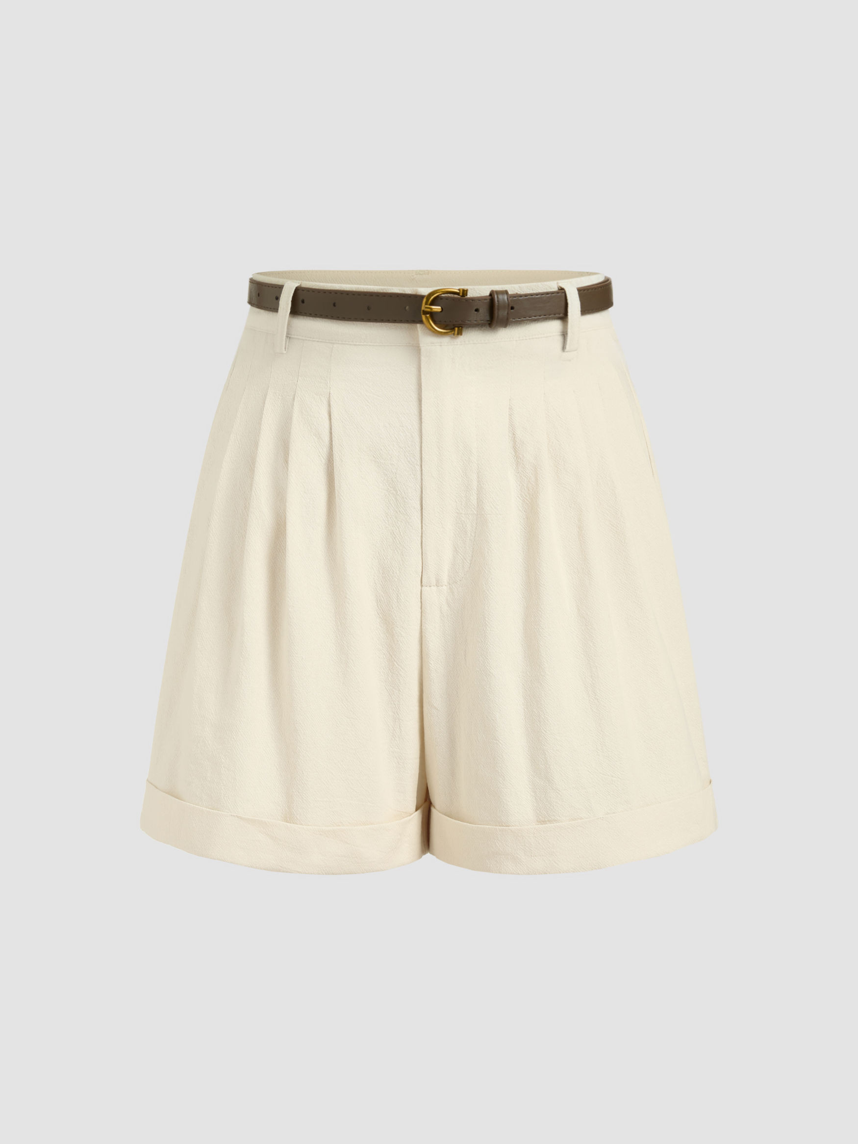 Woven Cotton 100% Cotton Woven Mid Rise Solid Roll Hem Pocket Shorts With Belt For Work | Cider