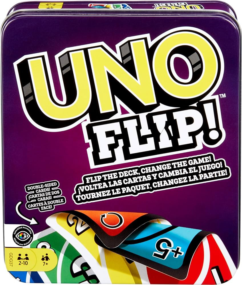 Mattel Games UNO FLIP! Card Game in Storage & Travel Tin, Color Blind Accessible Deck for Kids, A... | Amazon (US)