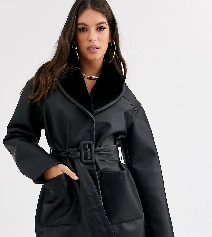 ASOS DESIGN Tall luxe leather look wrap over jacket in black | ASOS (Global)