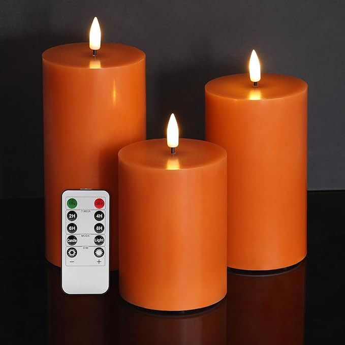 Burnt Orange Flameless Pillar Candles with Remote, Halloween Fall LED Candles, Flickering Real Wa... | Amazon (US)