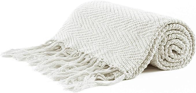 Longhui bedding Cream Fringe Knit Cotton Throw Blanket, 50 x 63 Inches Decorative Knitted Cover w... | Amazon (US)