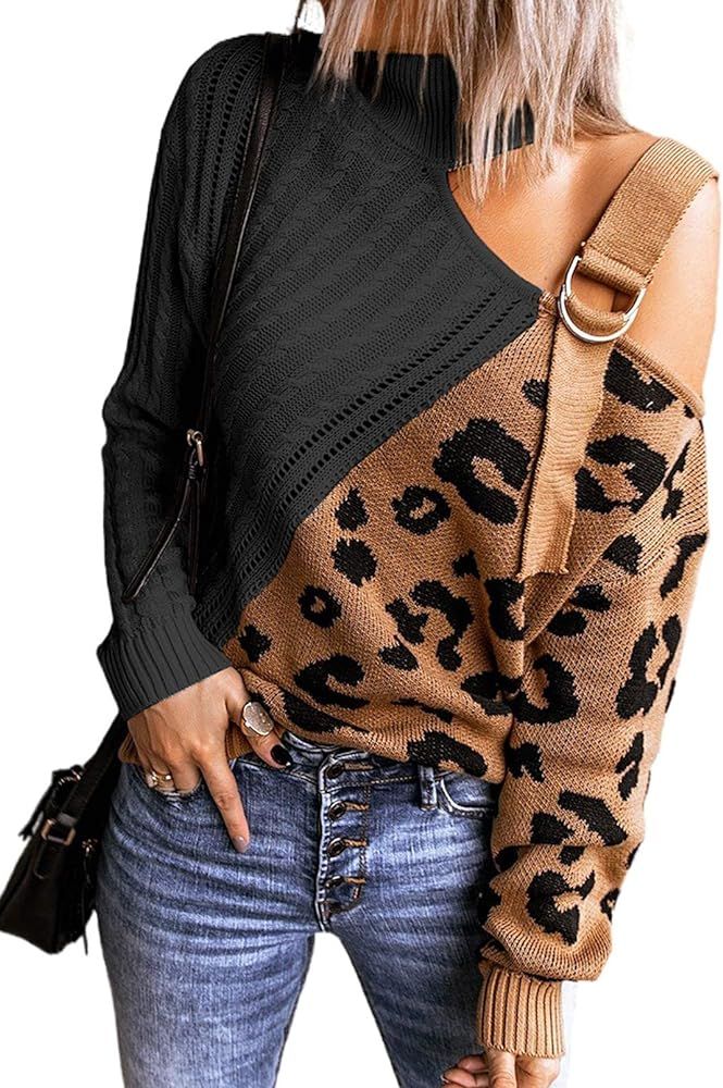 AlvaQ Womens Turtleneck Cold Shoulder Sweaters Leopard Patchwork Knitted Pullover Jumper Tops | Amazon (US)