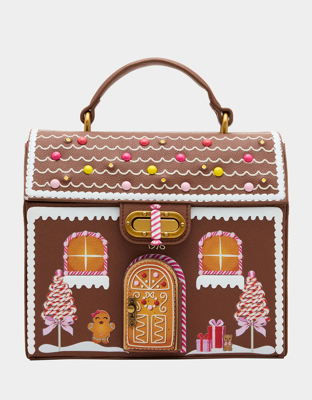 BAKING SPIRITS BRIGHT BROWN Women's Holiday Themed Gingerbread House Kitsch Crossbody Handbag | Betsey Johnson