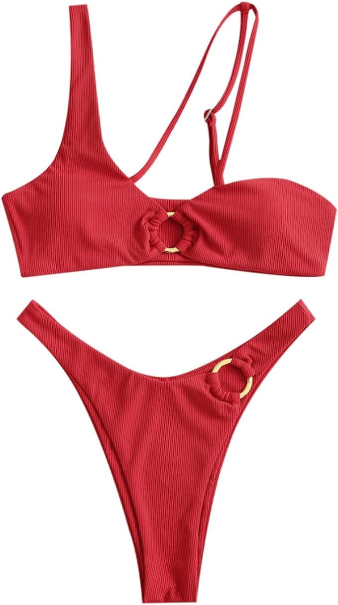 ZAFUL Bikini Snakeskin One Shoulder Reversible Bathing Suit Padded Lace Up 2 Piece Swimsuits for ... | Amazon (US)