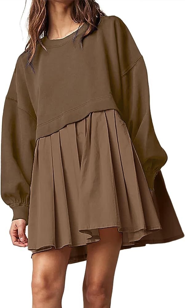 SAFRISIOR Women Oversized Sweatshirt Dress Crew Neck Long Sleeve Patchwork Pullover Tops Baggy Flowy | Amazon (US)