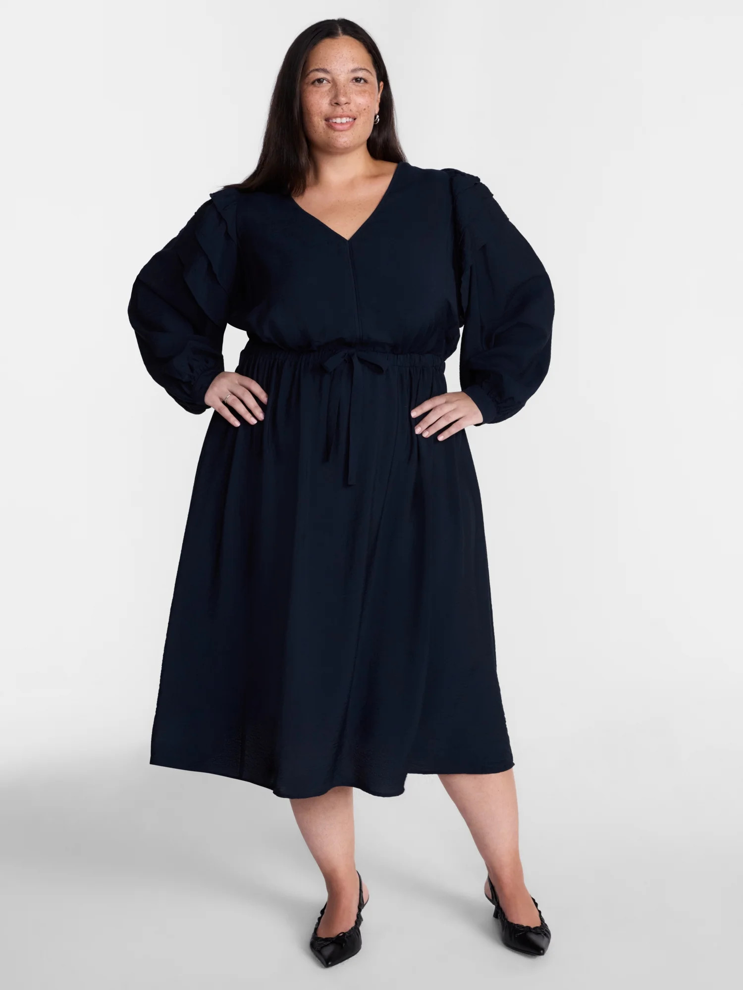 Terra & Sky Women’s Plus Tie Waist Midi Dress with Long Puff Sleeves, Sizes 0X-5X | Walmart (US)