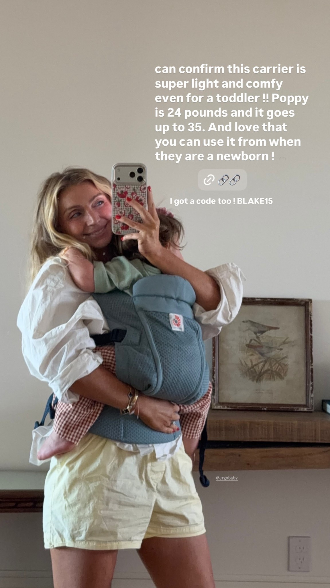 can confirm this carrier is super light and comfy even for a toddler !! Poppy is 24 pounds and it goes up to 35. And love that you can use it from when they are a newborn ! I got a code too ! BLAKE15 @ergobaby