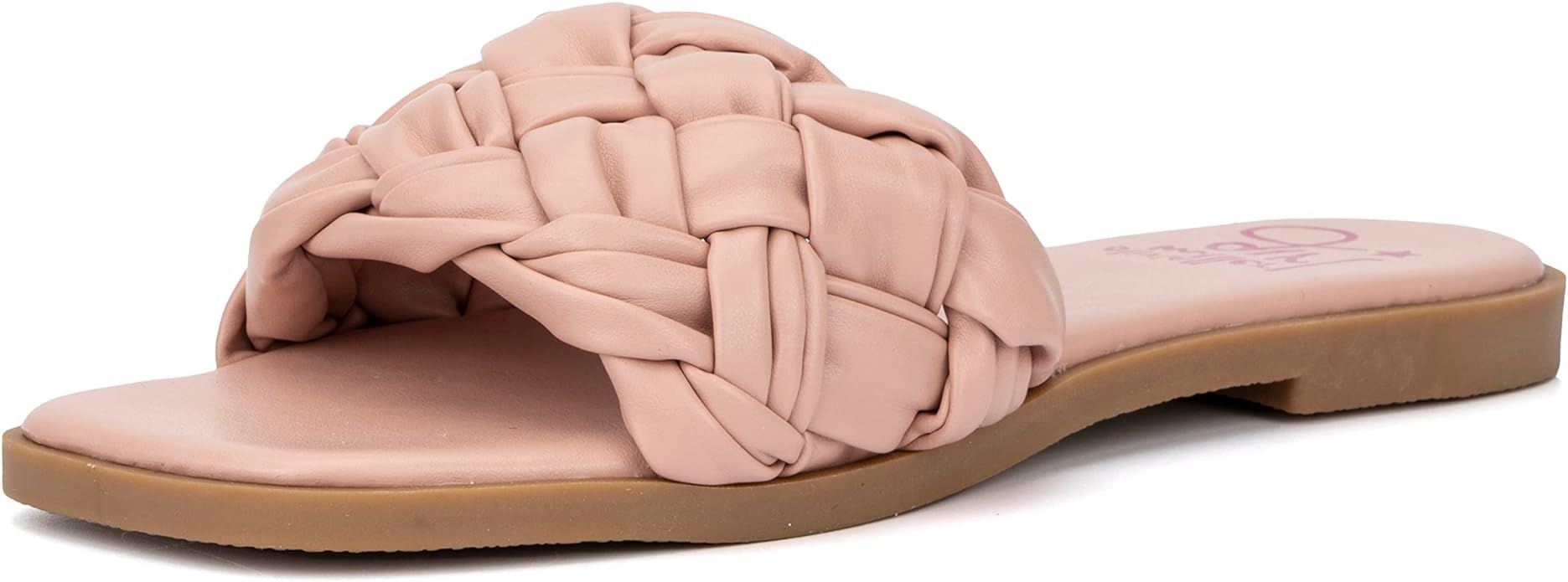 Olivia Miller Kid's Girl Fashion Shoes, PU Vegan Leather w Woven Single Band Slip On Open Toe Com... | Amazon (US)