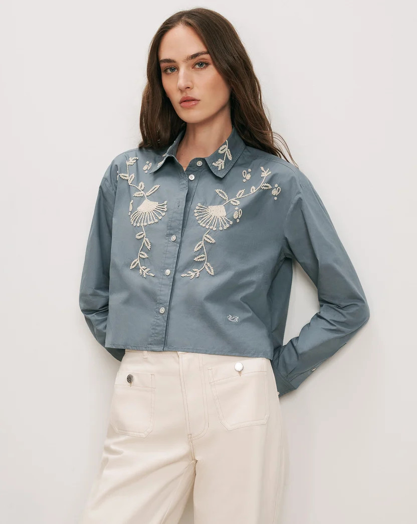Aderes Beaded Button-Down Shirt in Blue Steel | Veronica Beard | Veronica Beard