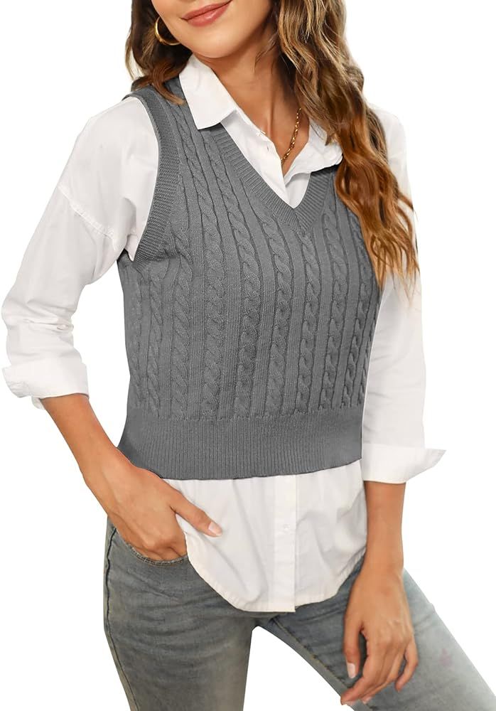 HOCOSIT Women's Knitted V-Neck Vest Argyle Plaid Preppy Style Sleeveless Pullover Crop Sweater Ve... | Amazon (US)