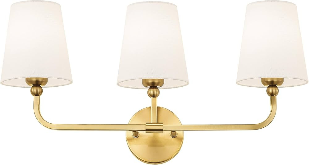 Bathroom Light Fixtures, Brushed Gold Vanity Lights with Flared White Fabric Shade, 3 Light Wall ... | Amazon (US)