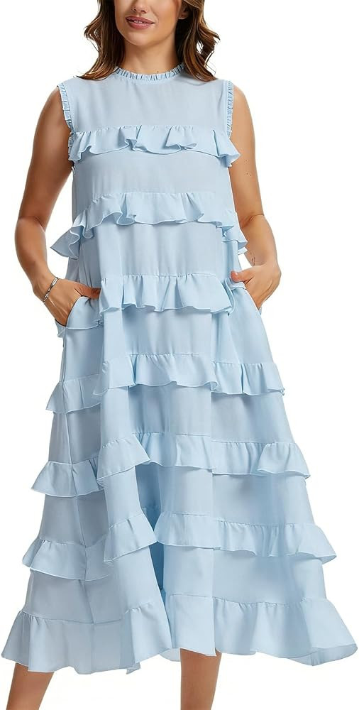 Women\u2019s Summer Ruffle Maxi Dress Casual Flowy Sleeveless Tiered Flounces Long Dresses | Amazon (US)