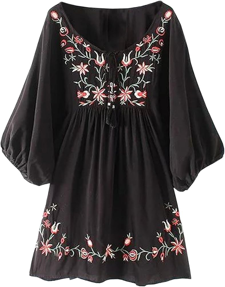 futurino Women's Bohemian Embroidery Floral Tunic Shift Blouse Flowy Mini Dress | Amazon (US)
