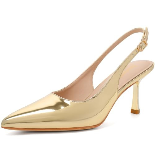 Susanny Womens Gold Slingback Heels Kitten Pointed Closed Toe Stiletto Shoes 9.5 | Amazon (US)