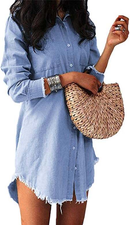 Womens Casual Long Sleeve Shirt Dresses Denim Tunic Blouses Button Down Tops Vintage Roll Up Cuff... | Amazon (UK)