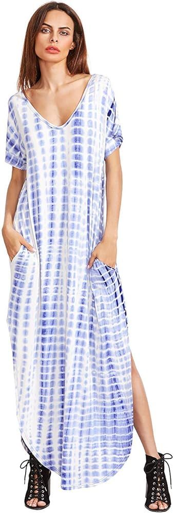 MakeMeChic Women's Boho Maxi Short Sleeve Split Pockets Tie Dye Long Dress | Amazon (US)