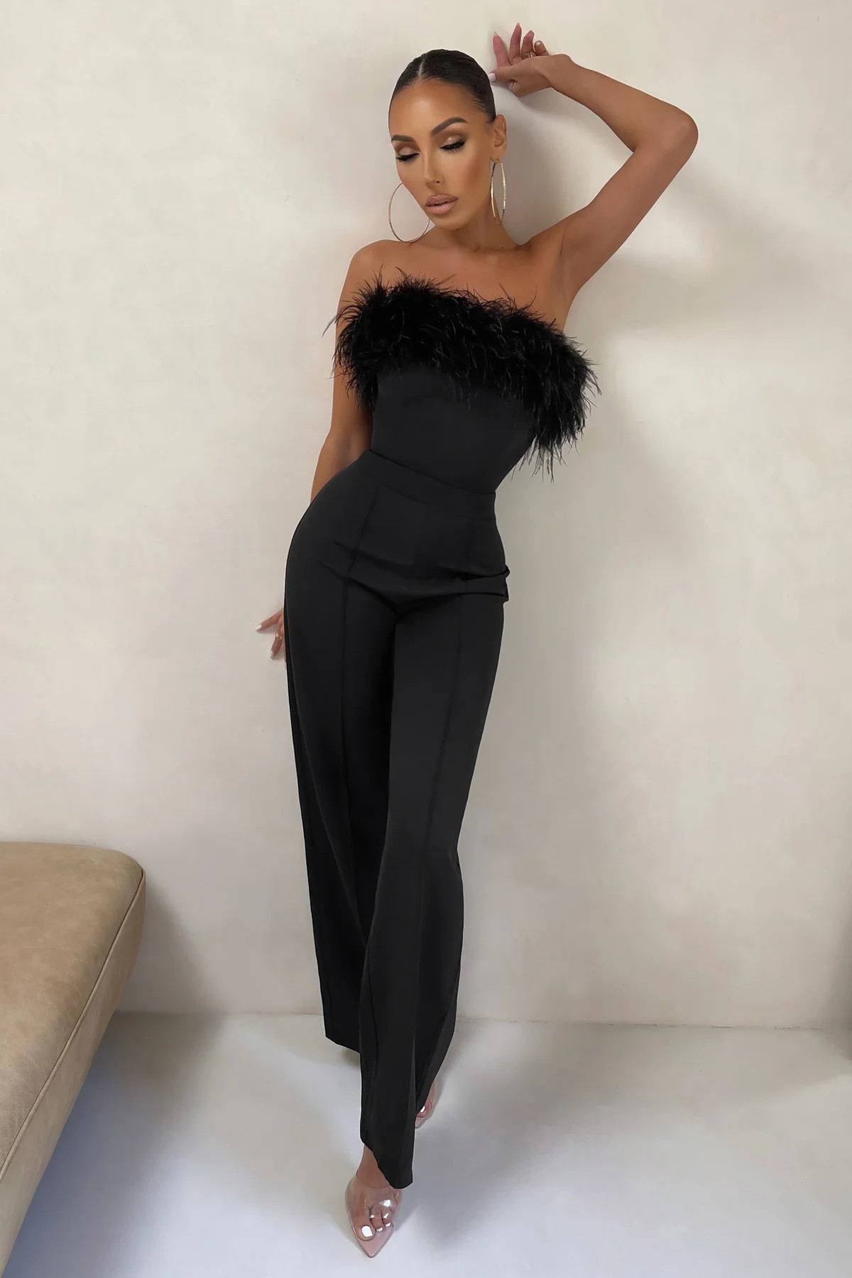 First Class | Black Petite Bandeau Feather Wide Leg jumpsuit | Club L London