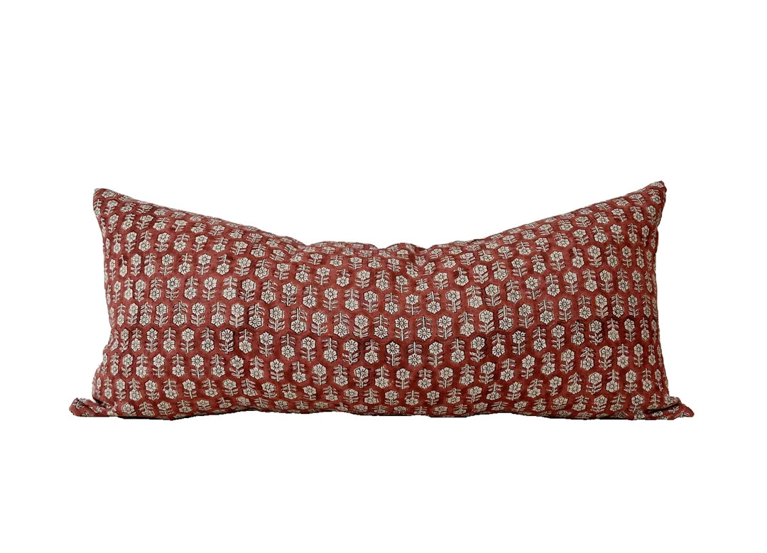Hand Block Print Linen Lumbar Pillow Cover: Rusty Red Floral, 14x34 - Etsy | Etsy (US)