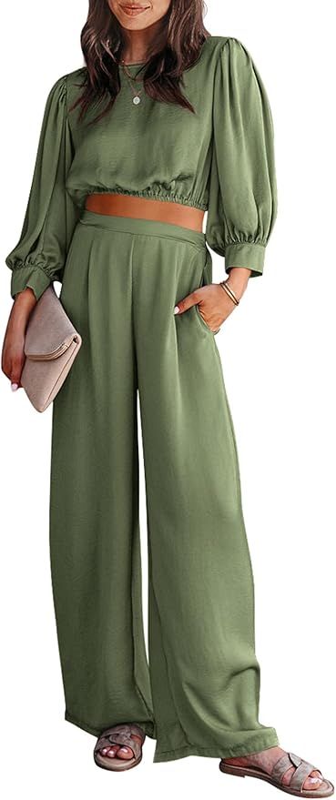 PRETTYGARDEN Women's 2 Piece Satin Outfits Casual Puff Sleeve Crop Tops and Long Palazzo Pants | Amazon (US)