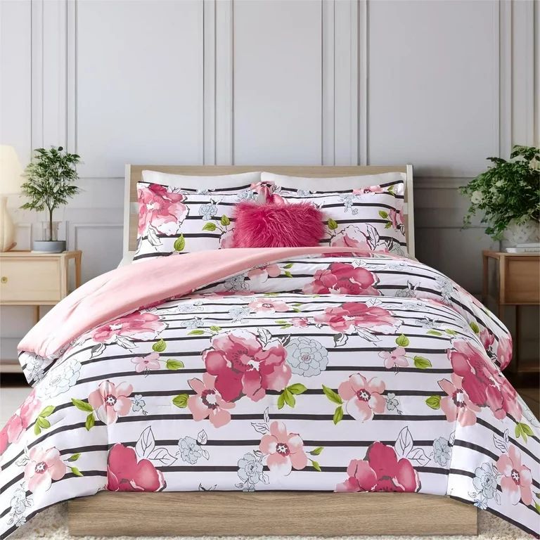 Comfort Spaces Spring 4-Piece Full/Queen Comforter Set Microfiber Pink Striped Floral Reversible ... | Walmart (US)