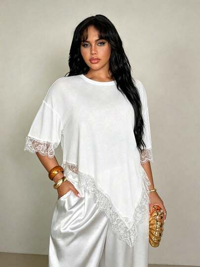 Rustia Plus Size Women's Solid Color Contrast Lace Drop Shoulder Casual T-Shirt | SHEIN