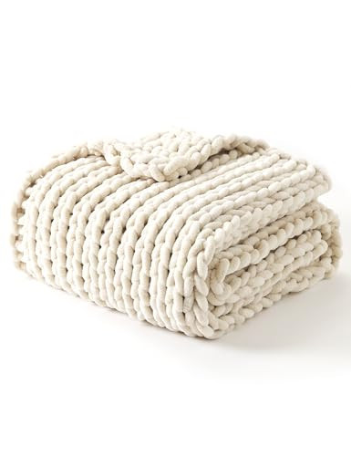 YnM Chunky Throw Blanket, Medium-Weight, Hand Knitted with Chenille Yarn, Skin Friendly, Ventilated and Breathable, Machine Washable, Home Décor Piece for Couch Sofa and Bed (Butter Cream, 80x87 Inch) | Amazon (US)
