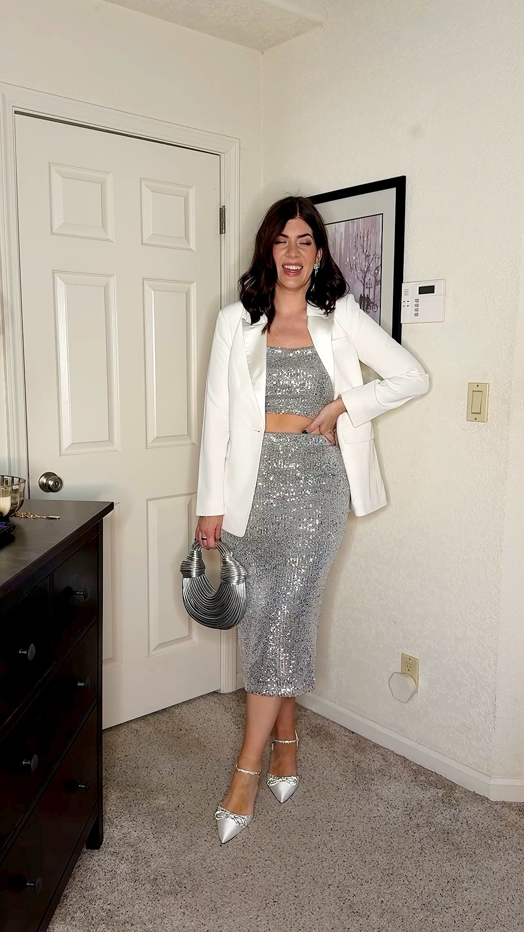 Midsize holiday outfit- in a large sequin skirt and medium sequin top, sized down to a small in blazer- rinds very oversized 

#LTKWatchNow #LTKHoliday #LTKMidsize