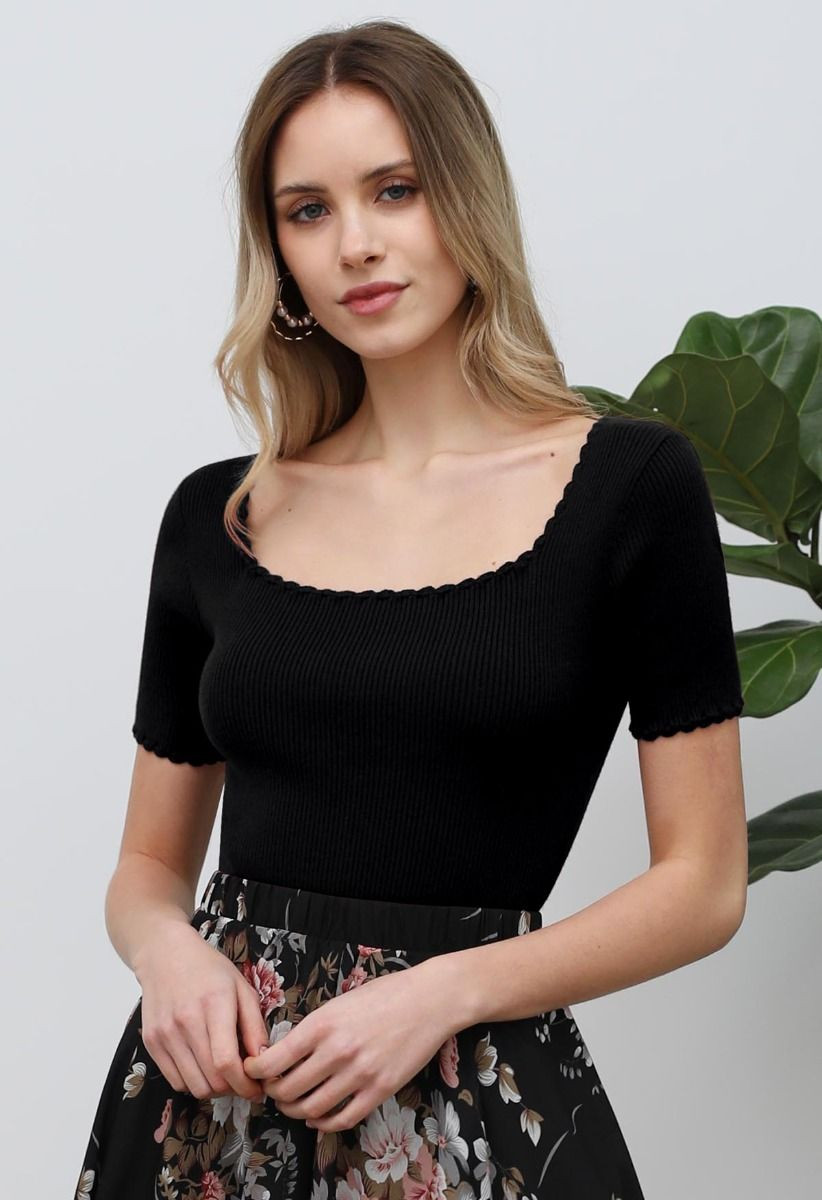 Scalloped Edge Square Neck Short Sleeve Knit Top in Black | Chicwish