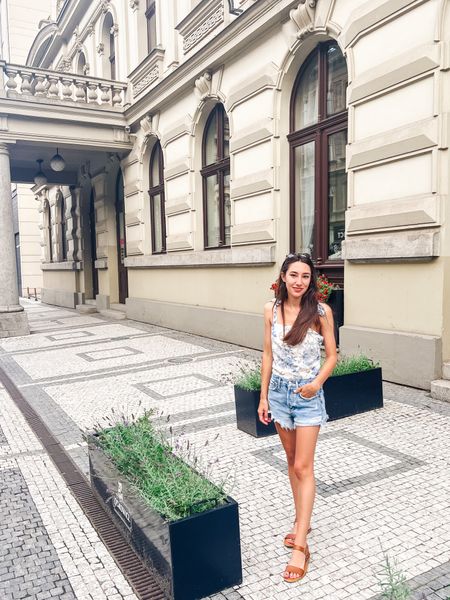 Chicwish blue and white tank top with shorts and sandals. Travel outfit  

#LTKunder50 #LTKtravel #LTKeurope