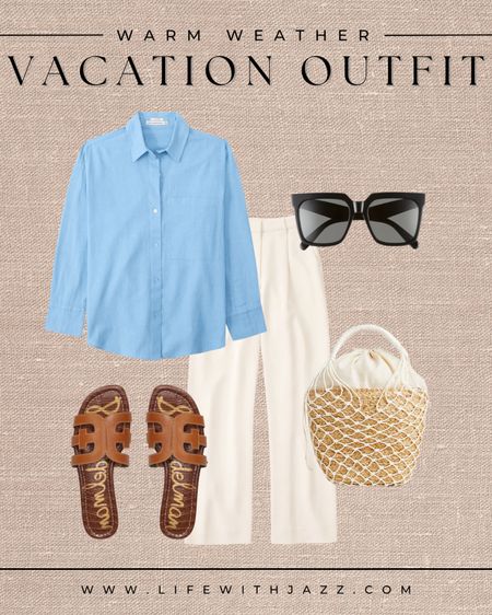 Warm weather vacation outfit using some of my top favorite pieces 

Linen button up, pants, sunglasses, sandals, purse. J.crew, abercrombie, Sam Edelman, travel outfit, vacation outfit 

#LTKtravel #LTKSeasonal
