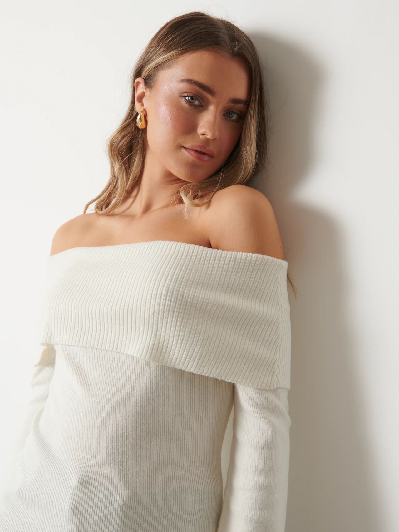 Soreya Bardot Knit Top - Cream | Pretty Lavish (UK)