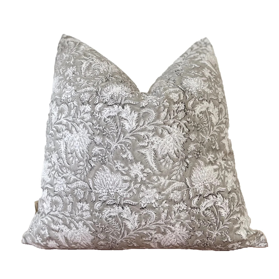 Hand block print pillow, gray and white floral pillow cover. 20x20”22x22”24x24” | Etsy (US)