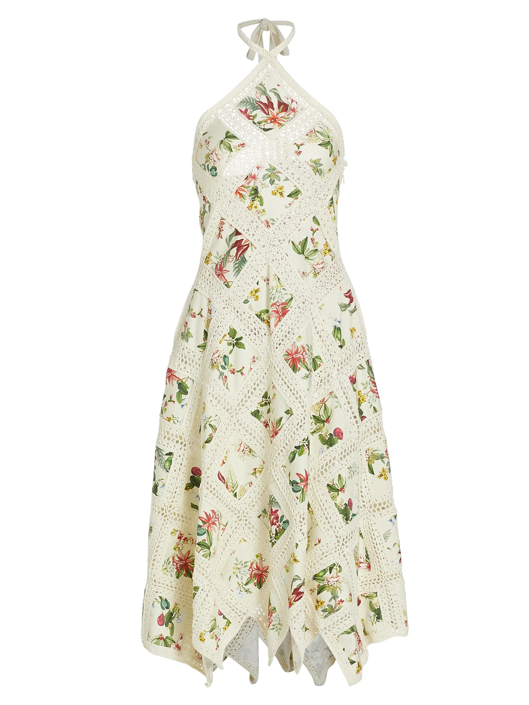 Shop Oscar de la Renta Halter Floral &amp; Fauna Inset Midi-Dress | Saks Fifth Avenue | Saks Fifth Avenue