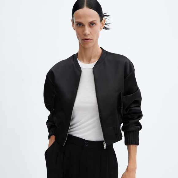 Mango NWT! Cropped Satin Bomber Jacket in Black. | Poshmark