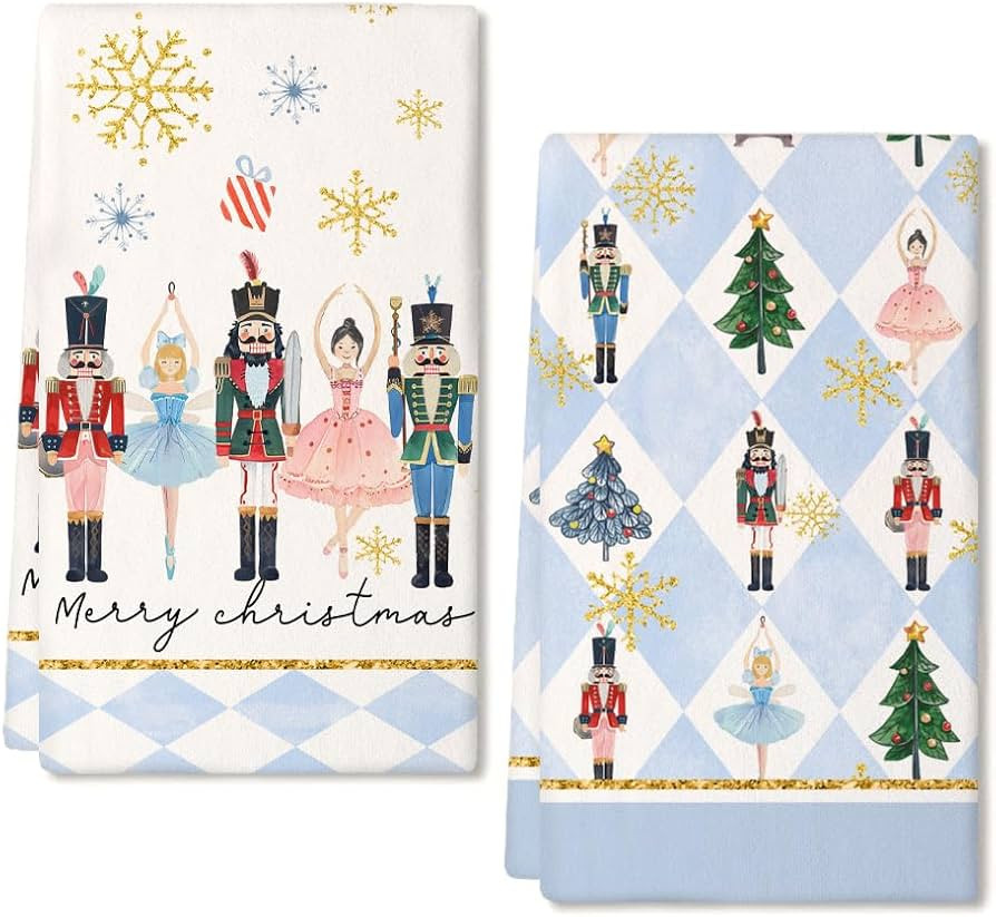 Nutcrackers Christmas Kitchen Towels Set of 2,Blue Snowflake Xmas Tree Dish Hand Towels Holiday H... | Amazon (US)