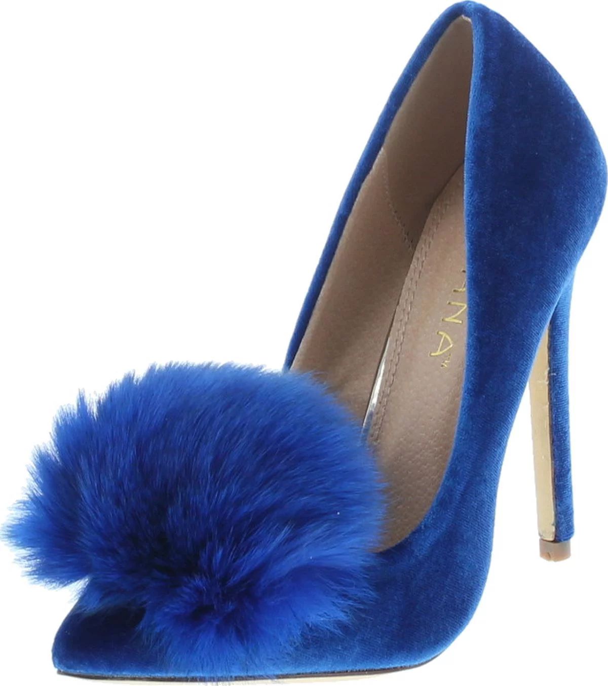 Liliana Affair Velvet Pointy Toe Stiletto High Heel Fur Pom Slip On Pump Slide Shoe Blue, Blue, 5... | Walmart (US)