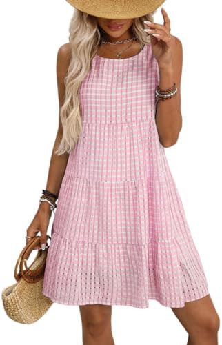 Women's Solid Gingham Plaid Sleeveless Crewneck Tiered Ruffle Mini Dress Spring Summer Casual Loo... | Amazon (US)