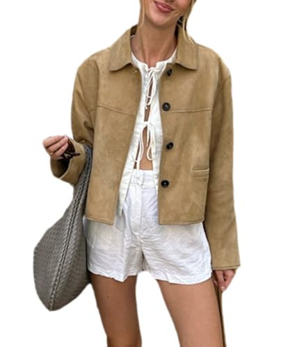 RISCUYY Suede Jacket Women Long Sleeve Lapel Button Down Faux Suede Jacket Women Trendy 2025 | Amazon (US)