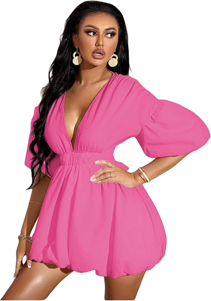 WDIRARA Women's Deep V Neck Puff Sleeve High Rise Flare Dress Elastic Waist Dress Solid Pink X-La... | Amazon (US)