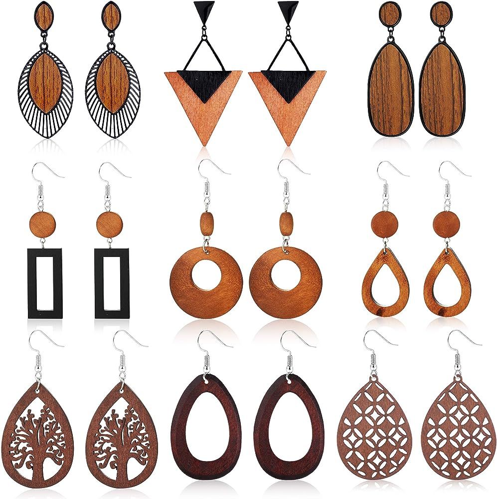 Udalyn 9 Pairs Wooden Earrings Natural Wood Dangle Earrings Lightweight Teardrop Earrings African... | Amazon (US)