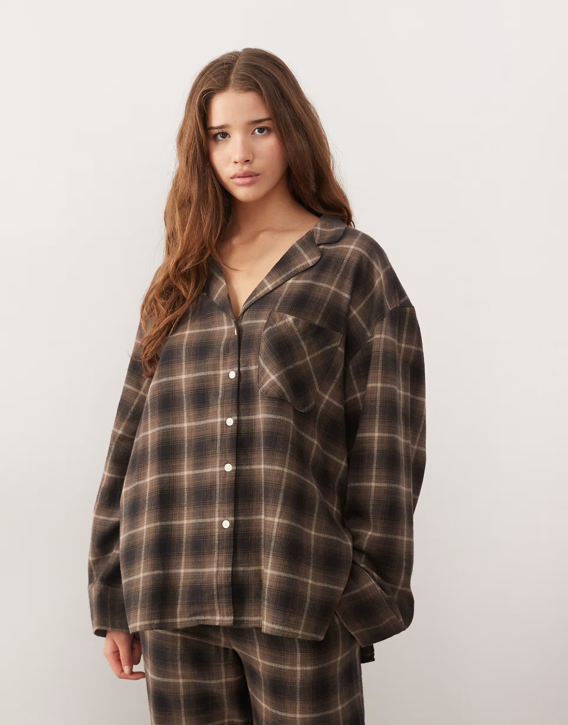 Weekday co-ord lounge oversized shirt in brown check | ASOS (Global)