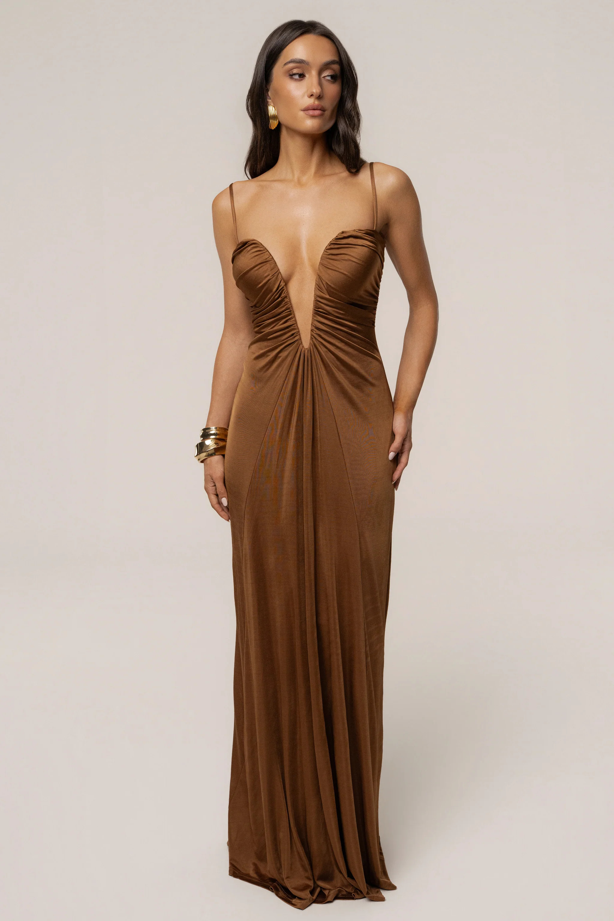 Tan Auric Deep Plunge Maxi Dress | JLUXLABEL US