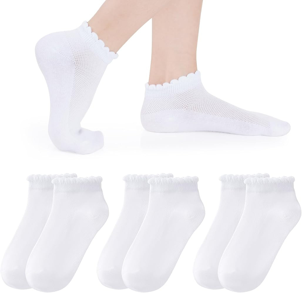 3 Pairs Girls Ruffle Socks Mesh Thin White Socks School Uniform Kids Cotton Crew Ankle Sock for G... | Amazon (US)