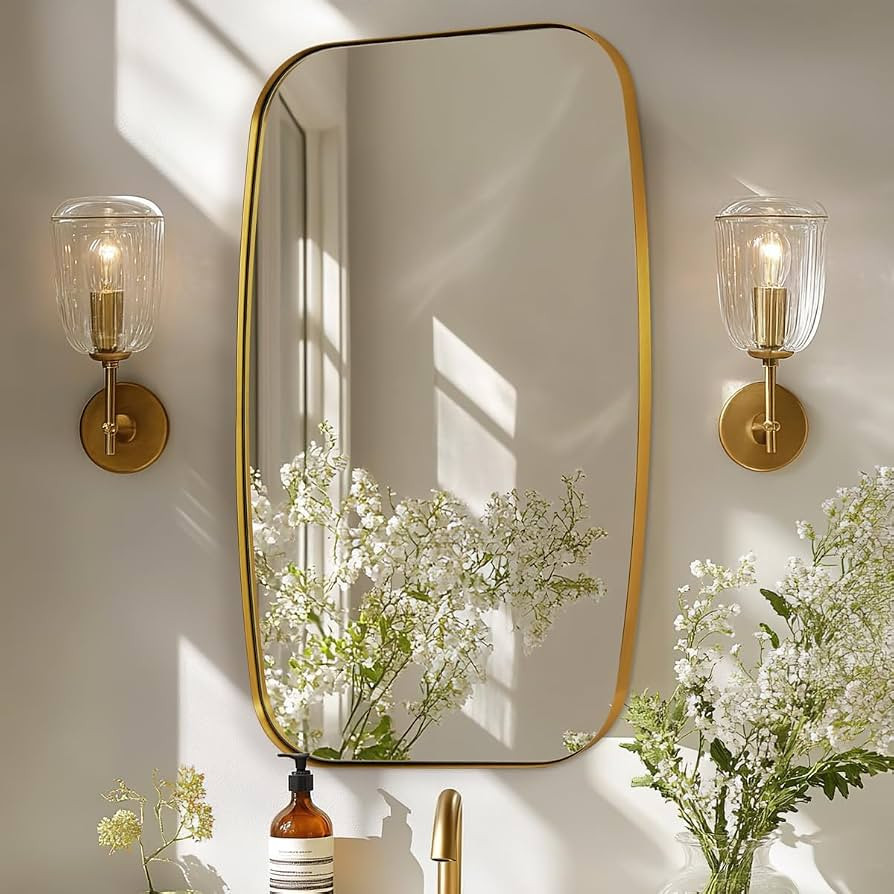 ANDY STAR Brass Bathroom Mirror, 24x32’’ Brushed Gold Metal Frame Oblong Mirror for Bathroom,... | Amazon (US)