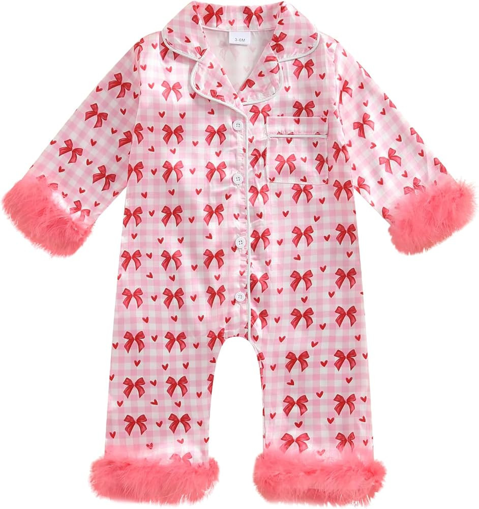 Kuriozud Baby Girl Silk Pajamas Feather Cuffs Romper Stain One-Piece Jumpsuit Pjs Lapel Button Do... | Amazon (US)