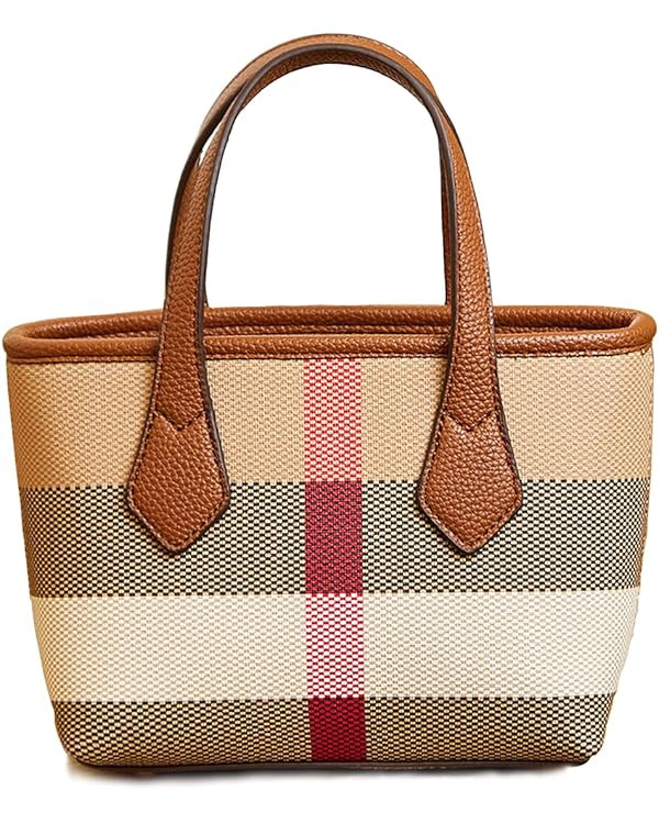 Small Size Luxury Plaid Canvas and Leather Women's Top Handle Tote for Everyday Play Shoulder Bag... | Amazon (US)