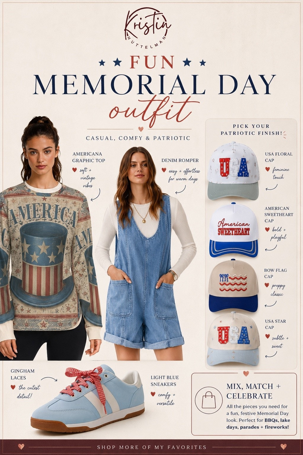 Casual, comfy, and patriotic with the cutest vintage-inspired details. ❤️🤍💙
The layered denim romper + Americana top paired with the gingham lace sneakers makes this such a fun Memorial Day weekend outfit idea. Add one of the statement hats and you’ve got the perfect mix of playful + trendy for BBQs, lake days, parades, and fireworks. ✨

#LTKStyle #MemorialDayOutfit #PatrioticStyle #SummerStyle #AmericanaFashion #LTKFinds #CasualStyle #DenimRomper #PatrioticOutfit #MemorialDayWeekend #USAStyle #CuteSummerOutfit #FourthOfJulyStyle #TrendyStyle #LTKFashion #SummerOOTD #PatrioticVibes #EasyStyle #WeekendStyle #FashionFinds

#LTKootd #LTKSeasonal #LTKU