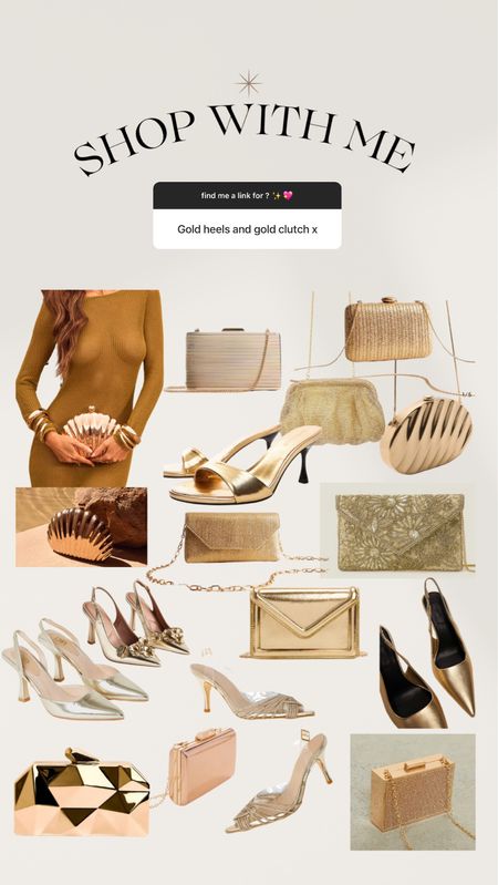 selection of my favourite gold heels and clutches perfect for wedding season ahead of us and dressing up !
Love the shell clutch ! 🐚✨😍

#LTKshoecrush #LTKfindsunder50 #LTKitbag